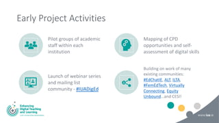 Early Project Activities
Pilot groups of academic
staff within each
institution
Mapping of CPD
opportunities and self-
assessment of digital skills
Launch of webinar series
and mailing list
community - #IUADigEd
Building on work of many
existing communities:
#EdChatIE, ALT, ILTA,
#FemEdTech, Virtually
Connecting, Equity
Unbound…and CESI!
 