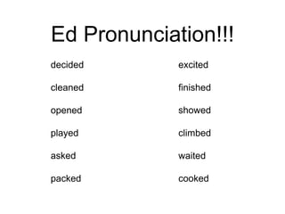 Ed Pronunciation!!!
decided
cleaned
opened
played
asked
packed
excited
finished
showed
climbed
waited
cooked
 