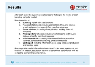 Results
   After each round the system generates reports that depict the results of each
   team in a particular market.
   Results consist of:
       a.  Summary report with a set of charts
       b.  Financial statements; including consolidated P&L and balance
             sheet, and parent company (USA) cash flow statement
       c.  Financial ratios; including share price info and key financial
             indicators
       d.  Area reports for all areas; including market reports and P&L and
             balance sheet for each business area
       e.  Production report; including information about the production
             volumes, contract manufacturing, production facilities
       f.  Cost report; including information about scrap rates and production
             and logistics costs
   Results provide useful information about a team’s own sales, operations, and
   finances. In addition, results can be used to benchmark performance with the
   competing teams in the same market.



    CESIM OY | HTTP://WWW.CESIM.COM/ | TEL.+358 9 406 660   ARKADIANKATU 21 A, 00100 HELSINKI, FINLAND   39
 
