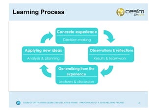 Learning Process


                     Concrete experience

                          Decision making


   Applying new ideas                   Observations & reflections

    Analysis & planning                     Results & teamwork

                      Generalizing from the
                           experience

                      Lectures & discussion




                                                                     4
 