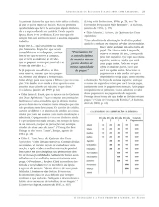 ADMINISTRAR OS RECURSOS FINANCEIROS COM SABEDORIA                            25



As pessoas diziam-lhe que seria tolo saldar a dívida,      (Living with Enthusiasm, 1996, p. 24; ver “Se
já que os juros eram tão baixos. Mas na primeira           Estiverdes Preparados Não Temereis”, A Liahona,
oportunidade que teve de conseguir algum dinheiro,         janeiro de 1996, p. 39)
ele e a esposa decidiram quitá-la. Desde aquela
                                                           ᔣ Élder Marvin J. Ashton, do Quórum dos Doze
época, ficou livre de dívidas. É por isso que ele          Apóstolos:
sempre tem um sorriso no rosto e assobia enquanto
trabalha.                                              “Um calendário de eliminação de dívidas poderá
                                                       ajudá-lo a reduzir ou eliminar dívidas desnecessárias.
Rogo-lhes (…) que analisem sua situa-                                Trace várias colunas em uma folha de
ção financeira. Rogo-lhes que sejam                                  papel. Na coluna mais à esquerda,
comedidos em suas despesas, contro-           “Precisamos ter
                                                                     escreva os meses do ano, começando
lem-se no que se refere a compras,           a autodisciplina        pelo mês seguinte. No topo da coluna
que evitem ao máximo as dívidas,             de manter nossos        seguinte, anote o credor que você
que as paguem assim que possível e se        gastos dentro de        quer pagar antes. Pode ser o que
livrem da servidão. (…)                      nossa capacidade        cobra os maiores juros, ou o que
Se já pagaram suas dívidas, se têm              de pagar.”           você vai quitar antes. Relacione os
uma reserva, mesmo que seja peque-                                   pagamentos a este credor até que o
na, mesmo que chegue a tempestade,                                   empréstimo esteja pago, como mostra
terão abrigo para sua esposa e filhos e paz no cora-   a ilustração. No topo da coluna seguinte, coloque
ção. Não tenho mais nada a dizer quanto a esse         o nome do segundo credor que você deseja pagar,
assunto, mas saliento ao máximo o que disse.”          juntamente com os pagamentos mensais. Após pagar
(A Liahona, janeiro de 1999, p. 66)                    integralmente o primeiro credor, adicione o valor
                                                       desse pagamento ao pagamento do segundo.
ᔣ Élder James E. Faust, que na época era do Quórum
dos Doze Apóstolos: “Fazer compras em prestações       Prossiga dessa forma até que todas as dívidas estejam
facilitadas é uma armadilha que já deixou muitas       pagas.” (“Guia de Finanças da Família”, A Liahona,
pessoas bem-intencionadas numa situação que elas       abril de 2000, p. 45)
não previam nem desejavam. Os cartões de crédito,
cartões de débito e os sistemas de crédito ao consu-             CALENDÁRIO DE ELIMINAÇÃO DE DÍVIDAS
midor precisam ser usados com muita moderação e
sabedoria. O pagamento à vista em dinheiro ainda                          Dívida Dívida Dívida Dívida Total de
é o procedimento mais sensato, em tempo de fartu-                           1      2      3      4 Pagamentos
ra ou escassez, porque as prestações são acompa-             Abril           10      20      30      40        100
nhadas de altas taxas de juros”. (“Doing the Best
                                                             Maio            10      20      30      40        100
Things in the Worst Times”, Ensign, agosto de
                                                             Junho           10      20      30      40        100
1984, p. 43)
                                                             Julho           10      20      30      40        100
ᔣ Élder L. Tom Perry, do Quórum dos Doze
                                                             Agosto                  30      30      40        100
Apóstolos: “Evite dívidas excessivas. Contrair dívidas
necessárias, só mesmo depois de cuidadosa e séria            Setembro                30      30      40        100
oração, e após receber a melhor orientação possível.         Outubro                 30      30      40        100
Precisamos ter autodisciplina para permanecer den-           Novembro                        60      40        100
tro de nossas possibilidades. Sabiamente fomos acon-
                                                             Dezembro                        60      40        100
selhados a evitar as dívidas como evitaríamos uma
                                                             Janeiro                         60      40        100
praga. O Presidente J. Reuben Clark aconselhou des-
temida e repetidamente os membros da Igreja                  Fevereiro                               100       100
a agirem de acordo: ‘Vivam dentro de suas possi-             Março                                   100       100
bilidades. Libertem-se das dívidas. Evitem-nas.              Abril
Economizem para os dias difíceis que sempre
existiram e que voltarão. Pratiquem e desenvolvam o
hábito de economizar, de trabalhar, de ser frugais.’ ”
[Conference Report, outubro de 1937, p. 107]




                                                 O E VA N G E L H O E A V I D A P R O D U T I VA M A N U A L D O A L U N O
 