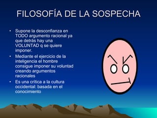 FILOSOFÍA DE LA SOSPECHA Supone la desconfianza en TODO argumento racional ya que detrás hay una VOLUNTAD q se quiere imponer. Mediante el ejercicio de la inteligencia el hombre consigue imponer su voluntad creando argumentos racionales Es una crítica a la cultura occidental: basada en el conocimiento 