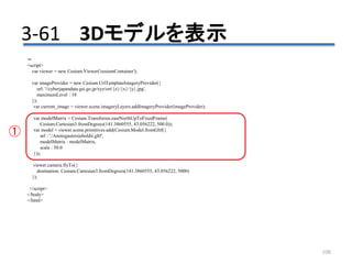 3-61 3Dモデルを表示
108
～
<script>
var viewer = new Cesium.Viewer('cesiumContainer');
var imageProvider = new Cesium.UrlTemplateImageryProvider({
url: '//cyberjapandata.gsi.go.jp/xyz/ort/{z}/{x}/{y}.jpg',
maximumLevel : 18
});
var current_image = viewer.scene.imageryLayers.addImageryProvider(imageProvider);
var modelMatrix = Cesium.Transforms.eastNorthUpToFixedFrame(
Cesium.Cartesian3.fromDegrees(141.3860555, 43.056222, 500.0));
var model = viewer.scene.primitives.add(Cesium.Model.fromGltf({
url : './Anotogastersieboldii.gltf',
modelMatrix : modelMatrix,
scale : 50.0
}));
viewer.camera.flyTo({
destination: Cesium.Cartesian3.fromDegrees(141.3860555, 43.056222, 5000)
});
</script>
</body>
</html>
①
 