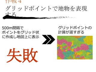 500m間隔で
ポイントをグリッド状
に作成し地図上に表示
グリッドポイントの
計算が遅すぎる
作戦４
グリッドポイントで地物を表現
する
 