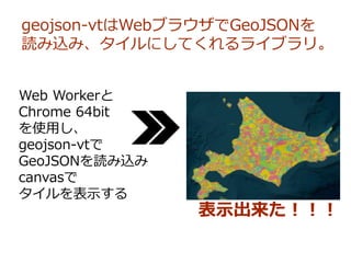 geojson-vtはWebブラウザでGeoJSONを
読み込み、タイルにしてくれるライブラリ。
Web Workerと
Chrome 64bit
を使用し、
geojson-vtで
GeoJSONを読み込み
canvasで
タイルを表示する
表示出来た！！！
 