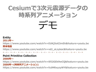 Cesiumで3次元震源データの
時系列アニメーション
デモ
Entity
2011年～
https://www.youtube.com/watch?v=EUKj5oG3mEk&feature=youtu.be
熊本地震
https://www.youtube.com/watch?v=vdJ_aLzykoc&feature=youtu.be
Point Primitive Collection
2000年～
https://www.youtube.com/watch?v=0fJ2GEk9wCQ&feature=youtu.be
2000年～(時系列アニメーション)
https://www.youtube.com/watch?v=fcdMRxyzyWY&feature=youtu.be
 