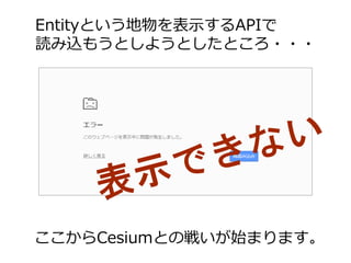 Entityという地物を表示するAPIで
読み込もうとしようとしたところ・・・
ここからCesiumとの戦いが始まります。
 