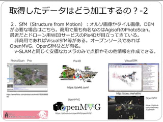 SfMStructure from Motion륽䥿뻭DEM
ҪʈϤϤ顣äʤΤAgisoftPhotoScan
ȥɥ`WEB`ӥPix4DĿäƤƤ롣
äǤVisualSfMȤ롣`ץ󥽩`Ǥ
OpenMVGOpenSfMʤɤ
v-SLAMͬʥΤߤǵȺ䤽ɤǤ롣
ȡäǩ`ϤɤӹΣ-2
https://www.flickr.com/photos/crschmidt/152608885
06/
PhotoScan Pro Pix4D
https://pix4d.com/
VisualSfM
http://ccwu.me/vsfm/
OpenMVG
OpenSfM
https://github.
com/mapillary
/OpenSfM
https://github.com/openMVG/openMVG/
 