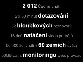 2 012 Čechů v síti
      2 x 50 minut dotazování

    32 hloubkových rozhovorů

   16 dnů natáčení video portrétů

 60 000 lidí v síti v 60   zemích světa
50GB dat z monitoringu web. provozu
 
