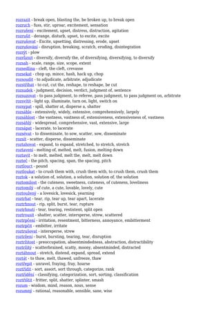 rozrazit - break open, blasting the, be broken up, to break open
rozruch - fuss, stir, uproar, excitement, sensation
rozrušení - excitement, upset, distress, distraction, agitation
rozrušit - derange, disturb, upset, to excite, excite
rozrušovat - Excite, upsetting, distressing, erode, upset
rozrušování - disruption, breaking, scratch, eroding, disintegration
rozrýt - plow
rozrůznit - diversify, diversify the, of diversifying, diversifying, to diversify
rozsah - scale, range, size, scope, extent
rozsedlina - cleft, the cleft, crevasse
rozsekat - chop up, mince, hash, hack up, chop
rozsoudit - to adjudicate, arbitrate, adjudicate
rozstříhat - to cut, cut the, reshape, to reshape, be cut
rozsudek - judgment, decision, verdict, judgment of, sentence
rozsuzovat - to pass judgment, to referee, pass judgment, to pass judgment on, arbitrate
rozsvítit - light up, illuminate, turn on, light, switch on
rozsypat - spill, shatter at, disperse a, shatter
rozsáhle - extensively, widely, extensive, comprehensively, largely
rozsáhlost - the vastness, vastness of, extensiveness, extensiveness of, vastness
rozsáhlý - widespread, comprehensive, vast, extensive, large
rozsápat - lacerate, to lacerate
rozsévat - to disseminate, to sow, scatter, sow, disseminate
rozsít - scatter, disperse, disseminate
roztahovat - expand, to expand, stretched, to stretch, stretch
roztavení - melting of, melted, melt, fusion, melting down
roztavit - to melt, melted, melt the, melt, melt down
rozteč - the pitch, spacing, span, the spacing, pitch
roztlouct - pound
roztloukat - to crush them with, crush them with, to crush them, crush them
roztok - a solution of, solution, a solution, solution of, the solution
roztomilost - the cuteness, sweetness, cuteness, of cuteness, loveliness
roztomilý - of cute, a cute, lovable, lovely, cute
roztoužený - a lovesick, lovesick, yearning
roztrhat - tear, rip, tear up, tear apart, lacerate
roztrhnout - rip, split, burst, tear, rupture
roztrhnutí - tear, tearing, restistent, split open
roztrousit - shatter, scatter, intersperse, strew, scattered
roztrpčení - irritation, resentment, bitterness, annoyance, embitterment
roztrpčit - embitter, irritate
roztrušovat - intersperse, strew
roztržení - burst, bursting, tearing, tear, disruption
roztržitost - preoccupation, absentmindedness, abstraction, distractibility
roztržitý - scatterbrained, scatty, moony, absentminded, distracted
roztáhnout - stretch, distend, expand, spread, extend
roztát - to thaw, melt, thawed, unfreeze, thaw
roztřepit - unravel, fraying, fray, hoarse
roztřídit - sort, assort, sort through, categorize, rank
roztřídění - classifying, categorization, sort, sorting, classification
roztříštit - fritter, split, shatter, splinter, smash
rozum - wisdom, mind, reason, nous, sense
rozumný - rational, reasonable, sensible, sane, wise
 