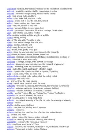 viditelnost - visibility, the visibility, visibility of, the visibility of, visibility of the
viditelný - be visible, a visible, visible, conspicuous, is visible
viditelně - obviously, conspicuously, visible, visibly, clearly
vidle - fork, prong, forks, pitchfork
vidlice - plug, forks, fork, the fork, cradle
vidlička - a fork, fork of the, the fork, fork, fork of
vidění - visions, seeing, see, vision, seen
vidět - view, see, visible, to see, seen
vigvam - wigwam, lodge, teepee, tepee, tent
vikariát - parsonage, Vicariate of, Vicariate, vicarage, the Vicariate
vikev - and vetches, tare, vetch, vetches
viklat - wobble, wobbly, wabble, wiggle, to wobble
viklavý - shaky, wobbly
vila - of Vila, Vila, villa, The villa, in Vila
vilka - Vilka, a villa, cottage, The villa, villa
vilnost - the lust, salacity, lust
vilný - randy, lecherous, lustful
vina - blame, wine, guilty, fault, guilt
vinice - vines, the vineyard, vineyard, vineyards, the vineyards
vinit - blame, to blame, accuse, blamed, blame the
vinkulace - blockage, immobilisation, Pledging, immobilization, blockage of
vinný - the wine, a wine, wine, guilty
vinobraní - a vintage, vintage, wine harvest, the vintage
vinohrad - Vinohrad, a vineyard, vineyard, the vineyard, of Vinohrady
vinárna - wine shop, wine bar, winehouse, tavern
viník - guilty, the culprit, guilty party, offender, culprit
viněta - vignette, the vignette, on label, a vignette, Vignetting
viola - a viola, violin, Viola, the viola, viol
violoncellista - a cellist, cello, violoncellist, the cellist, cellist
violoncello - the cello, cello
vir - a virus, virus, the virus, viruses
virový - a viral, virus, the viral, viral, the virus
virtuozita - virtuosity of, mastery, the virtuosity, the virtuosity of, virtuosity
virtuózní - virtuoso, a virtuoso, the virtuoso, virtuosic, brilliant
virulentní - virulent, virulence, the virulent, a virulent
visačka - tag, tag Trailers, The tag, Trailers Tag, Trailers Tag Trailers
viscerální - of visceral, visceral, the visceral
viset - hanging, poise, to hang, hang, hung
viskozita - viscosity of, viscosity of the, the viscosity, the viscosity of, viscosity
viskóza - viscose
vitalita - vitality, vigor, vitality of
vitální - vital, the vital, vitality, a vital, vigorous
viviparní - viviparous
vivisekce - vivisection, to vivisection, of vivisection, vivisectionists
viz - see the, see, refer
vize - vision, visions, the vision, a vision, vision of
vizionář - a visionary, visionary of, visionary, the visionary
vizionářský - visionary, the visionary, a visionary
vizita - the Vizita, ward, ward of, Vizita
vizitace - visitation, the visitation, visitation of the, visitations, visitation of
vizitátor - Visitor sent, a visitor, Visitor, Visitator
 