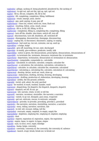 vyplenění - pillage, sacking of, being plundered, plundered by, the sacking of
vyplivnout - to spit out, spit out the, spit up, spit, spit out
vyplnit - fill in, fill out, complete, fill, fill in the
vyplnění - fill, completing, completion, filling, fulfillment
vyplynout - result, emerge, arise, derive
vyplácet - pay, paid, paying, to pay, pay off
vypláchnout - rinse out, rinsed, wash out, rinse, flush out
vyplývat - resulting, follow, arise, result, ensue
vyplňovat - fill in, to fill, fill, filling, to fill in
vyplňování - completion, filling in, completing the, completing, filling
vypnout - turn off the, disable, shut down, switch off, turn off
vypnutí - disconnection, turn off, shutdown, off, switched off
vypojení - disengaging, disconnection, disengage, disconnecting
vypojit - unplug the, to disconnect, disconnect, unplug, to unplug
vypotřebovat - had used up, run out, consume, use up, used up
vypouklina - a bulge, bulge
vypouštět - give off, launching, let out, emit, discharged
vypovídat - to testify, give evidence, predicate, testify, talk
vypovědění - notice is given, the denunciations, proscription, denunciations, denunciations of
vypovědět - to terminate the, terminate, denounce, terminate the, to terminate
vypovězení - deportation, termination, denunciation of, termination of, denunciation
vypočitatelný - computable, computable in-, calculable
vypočítat - calculated, to calculate, calculate, compute, calculate the
vypočítavost - a calculation, the calculation, calculation, calculation to
vypočítávat - calculate, to calculate, calculate the, enumerate, calculated
vypočítávání - calculating a, calculating the, calculate, calculation of, calculating
vypracovat - develop, devise, work out, work, draw up
vypracování - elaboration, drafting, develop, drawing, developing
vypracovávání - drafting, production of, elaboration, developing, drawing
vyprahlost - aridity, the dry ground, aridness
vyprahlý - torrid, arid, adust, the arid, parched
vyprat - be washed, to wash, washed, launder, wash
vypravení - dispatching, On dispatch, the dispatch, despatch, dispatch
vypravit - dispatch, set off, fit out, go
vypravovat - tell, narrate, relate, to tell, to tell the
vypravěč - narrator, raconteur, storyteller, the narrator, a narrator
vyprchat - vanish, to go out, dissipate, pass away, evaporate
vyprostit - get out, extricate, rescue, to extricate, untangle
vyprovokovat - provoke, to provoke, provoking, provoke a, provoked
vyprávěcí - the narrative, narration, storytelling, narrative, a narrative
vyprávění - story, telling, narrative, narration, tale
vyprávět - to tell, tell, recount, telling, tell the
vyprázdnit - evacuate, empty, emptied, to empty, empty the
vyprázdnění - depletion, emptying the, emptying of, emptied, emptying
vyprášit - dust
vypršení - expires, expiration of, expiration, expiry, the expiration
vypršet - expire, lapse, to expire, to lapse, elapse
vypudit - oust, to evict, evict, expel, dislodge
vypuklina - bump, bulge, convexity
vypuklost - convexity, convexity of, the convexity, the convexity of, salience
vypuknout - launch, erupt, break, break out, to break out
 