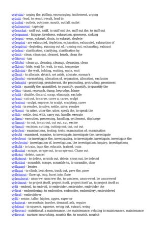 vyzývání - urging the, polling, encouraging, incitement, urging
vyústit - lead, to result, result, lead to
vyústění - outlets, outcome, mouth, outfall, outlet
vyčalounovat - tapestry
vyčenichat - sniff out, sniff, to sniff out the, sniff out the, to sniff out
vyčerpanost - fatigue, tiredness, exhaustion, goneness, sinking
vyčerpat - wear, exhaust, drain, to exhaust, deplete
vyčerpání - are exhausted, depletion, exhaustion, exhausted, exhaustion of
vyčerpávat - depleting, running out of, running out, exhausting, exhaust
vyčeření - clarification, clarifying, clarification by
vyčistit - clean, clean out, cleaned, brush, clean the
vyčiňovat - tan
vyčištění - clean up, cleaning, cleanup, cleansing, clean
vyčkávat - bide, wait for, wait, to wait, temporize
vyčkávání - the wait, holding, waiting, waits, wait
vyčlenit - to allocate, detach, set aside, allocate, earmark
vyčlenění - earmarking, allocation of, separation, allocation, exclusion
vyčnívající - projecting, protuberant, the protruding, protruding, prominent
vyčíslit - quantify the, quantified, to quantify, quantify, to quantify the
vyčítat - taunt, reproach, dump, begrudge, blame
vyřadit - disable, discard, scrap, eliminate, exclude
vyřezat - cut out, to carve, carve a, carve, sculpt
vyřezávat - sculpt, engrave, to sculpt, sculpting, carve
vyřešit - to resolve, to solve, settle, solve, resolve
vyřknout - to utter, utter the, utter, speak the, to speak the
vyřídit - settle, deal with, carry out, handle, execute
vyřízení - execution, processing, handling, settlement, discharge
vyříznout - to cut, to cut out, cut out, cut, excise
vyříznutí - excision, cutting, cutting out, cut, cut out
vyšetření - examinations, testing, tests, examination of, examination
vyšetřit - examined, examine, to investigate, investigate the, investigate
vyšetřovat - to investigate the, investigating, to investigate, investigate, investigate the
vyšetřování - investigation of, investigation, the investigation, inquiry, investigations
vyškolit - to train, train the, educate, trained, train
vyškrabat - scrape, scrape out, to scrape out, Chase out
vyškrtat - delete, cancel
vyškrtnout - to delete, scratch out, delete, cross out, be deleted
vyškrábat - scramble, scrape, scramble to, to scramble, claw
vyšlapaný - beaten
vyšlapat - to climb, beat down, track out, pave the, pave
vyšlehnout - flare up, leap, burst into, flare
vyšroubovat - unscrew, unscrew the, to unscrew, unscrewed, be unscrewed
vyšvihnout - to project itself, project itself, project itself as, to project itself as
vyšít - embroil, to embroil, to embroider, embroider, embroider the
vyšívat - embroidering, to embroider, embroider, embroidery, embroidered
vyšívač - embroiderer
vyšší - senior, taller, higher, upper, superior
vyžadovat - necessitate, involve, demand, ask, require
vyždímat - to squeeze, squeeze, wring out, extract, wring
vyživovací - nutritional, a maintenance, the maintenance, relating to maintenance, maintenance
vyživovat - nurture, nourishing, nourish the, to nourish, nourish
 