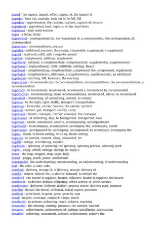 dopad - the impact, impact, effect, impact of, the impact of
dopadat - turn out, impinge, turn out to, to fall, fall
dopadení - apprehension, the capture, capture, capture of, seizure
dopadnout - apprehend, land, capture, strike, hunt down
dopalovat - burn multi-session
dopis - a letter, letter
dopisovatel - correspondent for, correspondent of, a correspondent, the correspondent of,
correspondent
dopisování - correspondence, pen pal
doplatek - additional payment, Surcharge, chargeable, supplement, a supplement
doplnit - replenish, refill, add, complete, amend
doplněk - complement, addition, supplement
doplňkový - optional, a complementary, complementary, supplemental, supplementary
doplňovací - replenishment, refill, Refillable, refilling, Reach
doplňovat - complementing, complementary, complement the, complement, supplement
doplňující - complementary, additional, a supplementary, supplementary, an additional
dopoledne - morning, AM, forenoon, the morning
doporučení - recommendation, the recommendation, recommendations, the recommendations, a
recommendation
doporučit - to recommend, recommend, recommend a, recommend to, recommended
doporučovat - recommending, make recommendations, recommend, advise, to recommend
dopouštět - committing, of committing, commit, to commit
doprava - to the right, right, traffic, transport, transportation
dopravce - forwarder, carrier, haulier, the carrier, carriers
dopravit - deliver, get, transport, convey, carry
dopravník - feeder, conveyor, Carrier, conveyer, the conveyor
dopravovat - of delivering, ship, be transported, transported, haul
doprovod - escort, attendance, escorts, accompanying, accompaniment
doprovodit - to accompany, accompanied, accompany the, accompany, escort
doprovázet - accompanied by, accompany, accompanied, to accompany, accompany the
dopsat - finish, to finish writing, write up, finish writing
dopustit - to commit, commit, allow, committed, let
dopálit - enrage, of irritating, madden
dopřádání - spinning, of spinning, the spinning, spinning process, spinning work
dopřát - enjoy, afford, indulge, indulge in, enjoy a
doraz - the stop, stopper, stop, stops, fully
dorost - puppy, youth, junior, adolescents
dorozumění - the understanding, understanding, an understanding, of understanding
dort - the cake, a cake, cake
doručení - delivery, receipt of, of delivery, receipt, delivery of
doručit - deliver, deliver the, to deliver, forward, to deliver the
doručitel - the bearer is supplied, bearer, deliverer, bearer is supplied, the bearer
doručovat - to deliver, deliver, delivering, effect service of, effect service
doručovatel - deliverer, Delivery Worker, process server, delivery man, postman
dorzální - dorsal, the dorsal, of dorsal, dorsal aspect, posterior
dorůstat - grow back, to grow, grow, grow to, wax
dosah - impact, coverage, outreach, range, reach
dosahovat - to achieve, achieving, reach, achieve, reaching
dosavadní - the existing, existing, previous, the current, current
dosazení - achievement, achievement of, putting, installment, substitution
dosažení - achieving, attainment, achieve, achievement, achieve the
 