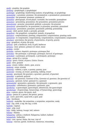 grafit - graphite, the graphite
grafolog - graphologist, a graphologist
grafologie - graphology, handwriting analysis, of graphology, on graphology
gramatický - a grammar, grammar, the grammatical, a grammatical, grammatical
gramatika - the grammar, grammar, grammar of
gramofon - phonograph, record player, turntable, the turntable, gramophone
granulace - granulating, granulation, the granulation, granulation process
granulovaný - granular, granulated, pelleted, a granular, the granular
granulovat - granulated for, be granulated, to granulate, granulate, granulated
granulování - granulation, granulate, granulated, pelleting, granulating
granát - shell, garnet, bomb, a grenade, grenade
grapefruit - the grapefruit, a grapefruit, pomelo, of grapefruit
gratulace - congratulations, greeting, congratulatio, congratulation, greeting cards
gratulovat - to congratulate, congratulating, congratulations, congratulated, congratulate
gravitace - gravitation, the gravity, of gravitation, of gravity, gravity
grep - grapefruit, of grep, the grep
grilovat - grill, a barbecue, broil, to grill, barbecue
grimasa - mow, grimace, grimace of, wince, moue
grobián - reviler
groteska - cartoon, slapstick, grotesque, grotesque that
groteskní - the grotesque, a grotesque, grotesque, farcical, of grotesque
groteskně - a grotesque, grotesquely, a grotesquely, grotesque
grupa - group of a, a group
grácie - grace, Gracie, of grace, Grácie, Graces
guláš - stew, goulash
guma - eraser, rubber, elastic, gum, acacia
gumovat - erase, erasing
gumovitý - rubbery, a gum, a gummy, gummy, gum
gumování - erasing, an eraser, gumming, rubbing, eraser
gurmán - gourmand, the gourmet, a gourmet, gourmet, of gourmet
guturální - a guttural, guttural
guvernér - the governor, Governor of the, Governor of, governor, the governor of
gymnasta - gymnast, turner, gymnast to, a gymnast
gymnastický - gymnastics, gymnastic, the gymnastic, a gymnastic, gym
gymnastika - callisthenics, gymnastics, gymnastic, gym
gynekolog - a gynecologist, gynecologist, obstetrician, the gynecologist
gynekologie - of gynecology, Gynaecology, of Gynaecology, gynecology
gáza - a gauze, gauze, the gauze, mull
génius - genius of, a genius, the genius, genius
gól - score, goal with, a goal with, a goal, goal
habr - hornbeam
hadovitý - snakelike, the serpentine, a serpentine, serpentine, snaky
hadr - rag, cloth, a rag, the rag, a cloth
hadrník - ragman
hafat - yelp, woof
hala - lobby, hallway, lounge, hall, indoors
halama - Halama
halapartna - poleax, a halberd, Halapartna, halbert, halberd
halapartník - halberdier
halas - roar, uproar, Halas, the roar, roar of
halasný - raucous, garish, vociferous, clamorous, resounding
 