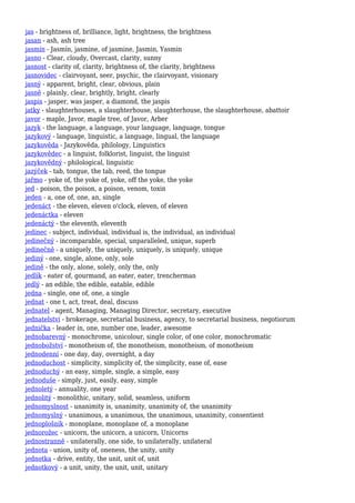 jas - brightness of, brilliance, light, brightness, the brightness
jasan - ash, ash tree
jasmín - Jasmín, jasmine, of jasmine, Jasmin, Yasmin
jasno - Clear, cloudy, Overcast, clarity, sunny
jasnost - clarity of, clarity, brightness of, the clarity, brightness
jasnovidec - clairvoyant, seer, psychic, the clairvoyant, visionary
jasný - apparent, bright, clear, obvious, plain
jasně - plainly, clear, brightly, bright, clearly
jaspis - jasper, was jasper, a diamond, the jaspis
jatky - slaughterhouses, a slaughterhouse, slaughterhouse, the slaughterhouse, abattoir
javor - maple, Javor, maple tree, of Javor, Arber
jazyk - the language, a language, your language, language, tongue
jazykový - language, linguistic, a language, lingual, the language
jazykověda - Jazykověda, philology, Linguistics
jazykovědec - a linguist, folklorist, linguist, the linguist
jazykovědný - philological, linguistic
jazýček - tab, tongue, the tab, reed, the tongue
jařmo - yoke of, the yoke of, yoke, off the yoke, the yoke
jed - poison, the poison, a poison, venom, toxin
jeden - a, one of, one, an, single
jedenáct - the eleven, eleven o'clock, eleven, of eleven
jedenáctka - eleven
jedenáctý - the eleventh, eleventh
jedinec - subject, individual, individual is, the individual, an individual
jedinečný - incomparable, special, unparalleled, unique, superb
jedinečně - a uniquely, the uniquely, uniquely, is uniquely, unique
jediný - one, single, alone, only, sole
jedině - the only, alone, solely, only the, only
jedlík - eater of, gourmand, an eater, eater, trencherman
jedlý - an edible, the edible, eatable, edible
jedna - single, one of, one, a single
jednat - one t, act, treat, deal, discuss
jednatel - agent, Managing, Managing Director, secretary, executive
jednatelství - brokerage, secretarial business, agency, to secretarial business, negotiorum
jednička - leader in, one, number one, leader, awesome
jednobarevný - monochrome, unicolour, single color, of one color, monochromatic
jednobožství - monotheism of, the monotheism, monotheism, of monotheism
jednodenní - one day, day, overnight, a day
jednoduchost - simplicity, simplicity of, the simplicity, ease of, ease
jednoduchý - an easy, simple, single, a simple, easy
jednoduše - simply, just, easily, easy, simple
jednoletý - annuality, one year
jednolitý - monolithic, unitary, solid, seamless, uniform
jednomyslnost - unanimity is, unanimity, unanimity of, the unanimity
jednomyslný - unanimous, a unanimous, the unanimous, unanimity, consentient
jednoplošník - monoplane, monoplane of, a monoplane
jednorožec - unicorn, the unicorn, a unicorn, Unicorns
jednostranně - unilaterally, one side, to unilaterally, unilateral
jednota - union, unity of, oneness, the unity, unity
jednotka - drive, entity, the unit, unit of, unit
jednotkový - a unit, unity, the unit, unit, unitary
 