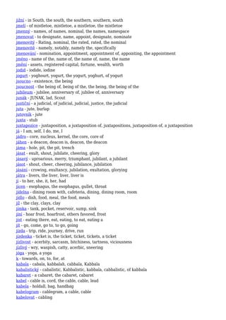 jižní - in South, the south, the southern, southern, south
jmelí - of mistletoe, mistletoe, a mistletoe, the mistletoe
jmenný - names, of names, nominal, the names, namespace
jmenovat - to designate, name, appoint, designate, nominate
jmenovitý - Rating, nominal, the rated, rated, the nominal
jmenovitě - namely, notably, namely the, specifically
jmenování - nomination, appointment, appointment of, appointing, the appointment
jméno - name of the, name of, the name of, name, the name
jmění - assets, registered capital, fortune, wealth, worth
jodid - iodide, iodine
jogurt - yoghourt, yogurt, the yogurt, yoghurt, of yogurt
jsoucno - existence, the being
jsoucnost - the being of, being of the, the being, the being of the
jubileum - jubilee, anniversary of, jubilee of, anniversary
junák - JUNAK, lad, Scout
justiční - a judicial, of judicial, judicial, justice, the judicial
juta - jute, burlap
jutovník - jute
juxta - stub
juxtapozice - juxtaposition, a juxtaposition of, juxtapositions, juxtaposition of, a juxtaposition
já - I am, self, I do, me, I
jádro - core, nucleus, kernel, the core, core of
jáhen - a deacon, deacon is, deacon, the deacon
jáma - hole, pit, the pit, trench
jásat - exult, shout, jubilate, cheering, glory
jásavý - uproarious, merry, triumphant, jubilant, a jubilant
jásot - shout, cheer, cheering, jubilance, jubilation
jásání - crowing, exultancy, jubilation, exultation, glorying
játra - livers, the liver, liver, liver is
jí - to her, she, it, her, had
jícen - esophagus, the esophagus, gullet, throat
jídelna - dining room with, cafeteria, dining, dining room, room
jídlo - dish, food, meal, the food, meals
jíl - the clay, clays, clay
jímka - tank, pocket, reservoir, sump, sink
jíní - hoar frost, hoarfrost, others favored, frost
jíst - eating there, eat, eating, to eat, eating a
jít - go, come, go to, to go, going
jízda - trip, ride, journey, drive, run
jízdenka - ticket is, the ticket, ticket, tickets, a ticket
jízlivost - acerbity, sarcasm, bitchiness, tartness, viciousness
jízlivý - wry, waspish, catty, acerbic, sneering
jóga - yoga, a yoga
k - towards, on, to, for, at
kabala - cabala, kabbalah, cabbala, Kabbala
kabalistický - cabalistic, Kabbalistic, kabbala, cabbalistic, of kabbala
kabaret - a cabaret, the cabaret, cabaret
kabel - cable is, cord, the cable, cable, lead
kabela - holdall, bag, handbag
kabelogram - cablegram, a cable, cable
kabelovat - cabling
 