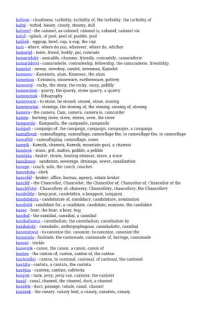 kalnost - cloudiness, turbidity, turbidity of, the turbidity, the turbidity of
kalný - turbid, bleary, cloudy, steamy, dull
kalomel - the calomel, as calomel, calomel is, calomel, calomel via
kaluž - splash, of pool, pool of, puddle, pool
kalíšek - eggcup, bowl, cup, a cup, the cup
kam - where, where do you, wherever, where do, whither
kamarád - mate, friend, buddy, pal, comrade
kamarádský - amicable, chummy, friendly, comradely, camaraderie
kamarádství - camaraderie, comradeship, fellowship, the camaraderie, friendship
kamelot - newsy, newsboy, camlet, newsman, Kamelot
kamenec - Kamenets, alum, Kamenec, the alum
kamenina - Ceramics, stoneware, earthenware, pottery
kamenitý - rocky, the stony, the rocky, stony, pebbly
kamenolom - quarry, the quarry, stone quarry, a quarry
kamenotisk - lithography
kamenovat - to stone, be stoned, stoned, stone, stoning
kamenování - stonings, the stoning of, the stoning, stoning of, stoning
kamera - the camera, Cam, camera, camera is, camcorder
kamna - burning stove, stove, stoves, oven, the stove
kampanila - Kampanila, the campanile, campanile
kampaň - campaign of, the campaign, campaign, campaigns, a campaign
kamuflovat - camouflaging, camouflage, camouflage the, to camouflage the, to camouflage
kamufláž - camouflaging, camouflage, camo
kamzík - Kamzík, chamois, Kamzik, mountain goat, a chamois
kamínek - stone, grit, mattes, pebble, a pebble
kamínka - heater, stoves, heating element, stove, a stove
kanalizace - sanitation, sewerage, drainage, sewer, canalization
kanape - couch, sofa, the couch, couches
kancelista - clerk
kancelář - broker, office, bureau, agency, estate broker
kancléř - the Chancellor, Chancellor, the Chancellor of, Chancellor of, Chancellor of the
kancléřství - Chancellery of, chancery, Chancellory, chancellery, the Chancellery
kandelábr - lamp post, candelabra, a lamppost, lamppost
kandidatura - candidature of, candidacy, candidature, nomination
kandidát - candidate for, a candidate, candidate, nominee, the candidate
kanec - boar, the boar, a boar, hog
kanibal - the cannibal, cannibal, a cannibal
kanibalismus - cannibalism, the cannibalism, cannibalism by
kanibalský - cannibalic, anthropophagous, cannibalistic, cannibal
kanonizovat - to canonize the, canonize, to canonize, canonize the
kanonáda - fusillade, the cannonade, cannonade of, barrage, cannonade
kanout - trickle
kanovník - canon, the canon, a canon, canon of
kanton - the canton of, canton, canton of, the canton
kantonální - canton, to cantonal, cantonal, of cantonal, the cantonal
kantáta - cantata, a cantata, the cantata
kantýna - canteen, cantine, cafeteria
kanystr - tank, jerry, jerry can, canister, the canister
kanál - canal, channel, the channel, duct, a channel
kanálek - duct, passage, tubule, canal, channel
kanárek - the canary, canary bird, a canary, canaries, canary
 