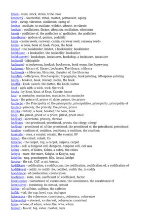 kmen - stem, stock, strain, tribe, bole
kmenový - counterfoil, tribal, master, permanent, equity
kmit - swing, vibration, oscillation, swing of
kmitat - oscillate, to oscillate, wobble, vibrate, to vibrate
kmitání - oscillations, flicker, vibration, oscillation, vibrations
kmotr - godfather of, the godfather of, godfather, the godfather
kmotřenec - godson of, godson, godchild
kmín - cumin seeds, caraway, cumin, caraway seed, caraway seeds
kniha - a book, book of, book, Paper, the book
knihař - the bookbinder, binder, a bookbinder, bookbinder
knihkupec - a bookseller, the bookseller, bookseller
knihkupectví - bookshops, bookstores, bookshop, a bookstore, bookstore
knihomil - bibliophile
knihomol - a bookworm, bookish, bookworm, book worm, the Bookworm
knihovna - library of, library, bookcase, The library, a library
knihovník - a librarian, librarian, librarian of, the librarian
knihtisk - letterpress, Brochureprint, typography, book printing, letterpress printing
knižní - bookish, book, literary, books, the book
knoflík - knob, switch, the button, the knob, button
knot - wick with, a wick, wick, the wick
knuta - by Knut, Knut, of Knut, Canute, knout
knír - a mustache, mustaches, mustache, his mustache
kníže - the prince of, prince of, duke, prince, the prince
knížectví - the Principality of, the principality, principalities, principality, principality of
knížecí - princely, the princely, the prince, prince
knížka - history, a book, booklet, the book, book
kněz - the priest, priest of, a priest, priest, priest shall
kněžský - sacerdotal, priestly, clerical
kněžstvo - the priesthood, priesthood, priests, the clergy, clergy
kněžství - priesthood of, of the priesthood, the priesthood of, the priesthood, priesthood
koalice - coalition of, coalition, coalitions, a coalition, the coalition
koaxiální - coax, a coaxial, coaxial, the coaxial, RF
kobalt - the cobalt, cobalt, Co
koberec - the carpet, rug, a carpet, carpets, carpet
kobka - cell, a dungeon cell, dungeon, dungeon cell, cell was
kobra - cobra, of Kobra, Kobra, a cobra, the cobra
kobyla - mare, the mare, Kobyla, in Kobyla, nag
kobylka - nag, grasshopper, filly, locust, bridge
kocour - the cat, CAT, a cat, tomcat
kodifikace - codification, a codification, the codification, codification of, a codification of
kodifikovat - codify, to codify the, codified, codify the, to codify
koedukace - of coeducation, coeducation
koeficient - ratio, rate, coefficient of, coefficient, factor
koexistence - coexistence of, coexistence, the coexistence, the coexistence of
koexistovat - coexisting, to coexist, coexist
kofein - of caffeine, caffeine, the caffeine
koflík - vial, the cup, bowl, cup, vial upon
koherence - the coherence, consistency, coherency, coherence
koherentní - coherent, a coherent, coherence, consistent
koho - whose, of whom, whom the, who, whom
kohout - faucet, tap, valve, rooster, cock
 