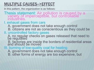 MULTIPLE CAUSES-->EFFECT
In this pattern, the organization is as follows:
Thesis statement: Air pollution is caused by a
variety of imperceptible, but controllable
industries.
I. exhaust gases from cars
A. government does not take enough control
B. citizens are not as conscientious as they could be
II. uncontrolled factory gases
A. no regular checks on gases released that need to
be regulated
B. factories are inside the borders of residential areas
and should be moved
III. burning of low-quality coal for heating
A. government does not take enough control
B. other forms of energy are too expensive, but
 
