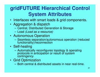 gridFUTURE Hierarchical Control
System Attributes
• Interfaces with smart loads & grid components.
• Aggregation & dispatch
– Central, Distributed Generation & Storage
– Load (Load as a resource)
• Autonomous Operation
– Seamless separation/autonomous operation (reduced
functionality)/reconnection
• Self-healing
– Automatically reconfigures topology & operating
protocols in anticipation or result of system
contingency
• Grid Optimization
– Both central & distributed assets in near real-time.
21
 