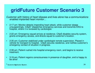 gridFuture Customer Scenario 3
Customer with history of heart disease and lives alone has a communications
enabled implanted heart monitor…
• 2:17 am: Monitor detects impending heart attack, while customer sleeps
unsuspectingly. CApS* dispatches emergency services and transmits EKG to
hospital, where it is reviewed by cardiologist.
• 2:22 am: Emergency squad arrives at residence. CApS disables security system,
grants emergency access, and directs squad to customer’s location.
• 2:35 am: Customer stabilized under cardiologist remote supervision. Placed in
vehicle for transport to hospital. CApS secures residence, and notifies customer’s
emergency contact of situation in progress.
• 2:39 am: Patient rushed into hospital emergency room, and begins to receive
treatment.
• 3:19 am: Patient regains consciousness in presence of daughter, and is happy to
be alive!
* Customer Application System. 34
 