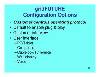 gridFUTURE
Configuration Options
• Customer controls operating protocol
• Default to enable plug & play
• Customer interview
• User interface
– PC/Tablet
– Cell phone
– Cable box/TV remote
– Wall display
– Voice
35
 