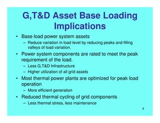 G,T&D Asset Base Loading
Implications
• Base load power system assets
– Reduce variation in load level by reducing peaks and filling
valleys of load variation.
• Power system components are rated to meet the peak
requirement of the load.
– Less G,T&D Infrastructure
– Higher utilization of all grid assets
• Most thermal power plants are optimized for peak load
operation
– More efficient generation
• Reduced thermal cycling of grid components
– Less thermal stress, less maintenance
9
 