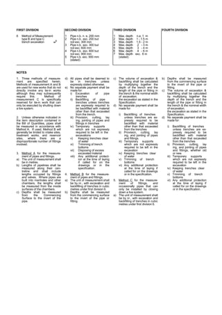 FIRST DIVISION
6 Method of Measurement
type B and type C
trench excavation m
3
NOTES
1. Three methods of measure-
ment are specified herein.
Methods of measurement A and B
are used for new works that do not
directly involve any tie-in works
although they may subsequently
require this. Method of
measurement C is specifically
reserved for tie-in work that can
only be executed by shutting down
a live system.
2. Unless otherwise indicated in
the item description contained in
the Bill of Quantities, pipes shall
be measured in accordance with
Method A. If used, Method B will
generally be limited to intake sites,
treatment works, and reservoir
sites, where there are a
disproportionate number of fittings
involved.
3. Method A for the measure-
ment of pipes and fittings.
a) The unit of measurement shall
be in metres.
b) Lengths of pipelines shall be
measured along their cen-
treline and shall include
lengths occupied by fittings
and valves. Where pipes are
built into manholes and other
chambers, the lengths shall
be measured from the inside
surfaces of the chambers.
c) Depths shall be measured
from the Commencing
Surface to the invert of the
pipe.
SECOND DIVISION
1 Pipe n.b. n. e. 200 mm
2 Pipe n.b. exc. 200 but
not exc. 300 mm
3 Pipe n.b. exc. 300 but
not exc. 600 mm
4 Pipe n.b. exc. 600 but
not exc. 900 mm
5 Pipe n.b. exc. 900 mm
(stated)
d) All pipes shall be deemed to
be in trenches unless
expressly stated otherwise.
e) No separate payment shall be
made for:
i) Excavation of pipe
trenches
ii) Backfilling of pipe
trenches unless trenches
are expressly required to
be backfilled with material
other than that excavated
from the trench.
iii) Provision, cutting, lay
ing, jointing of pipes and
fittings in trenches
iv) Temporary supports
which are not expressly
required to be left in the
excavations
v) Keeping trenches clear
of water
vi) Trimming of trench
bottoms
vii) Disposing of excess
excavated material
viii) Any additional protect-
ion at the time of laying
if called for on the
drawings or in the
specification.
4. Method B for the measure-
ment of pipes and fittings.
a) The unit of measurement shall
be by nr., with excavation and
backfilling of trenches in cubic
metres under first division 6.
b) Depths shall be measured
from the commencing surface
to the invert of the pipe or
fitting.
THIRD DIVISION
1 Max. depth n.e. 1 m
2 Max. depth 1 - 1.5 m
3 Max. depth 1.5 - 2 m
4 Max. depth 2 - 3 m
5 Max. depth 3 - 4 m
6 Max. depth 4 - 6 m
7 Max. depth exc. 6 m
(stated)
c) The volume of excavation &
backfilling shall be calculated
by multiplying together the
depth of the trench and the
length of the pipe or fitting in
the trench & the nominal width
of excavation,
the excavation as stated in the
Specification.
d) No separate payment shall be
made for:
i) Backfilling of trenches
unless trenches are ex-
pressly required to be
backfilled with material
other than that excavated
from the trenches
ii) Provision, cutting, lay
ing, and jointing of pipes
and fittings.
iii) Temporary supports
which are not expressly
required to be left in the
excavation
iv) Keeping trenches clear
of water
v) Trimming of trench
bottoms
vi) Any additional protection
at the time of laying if
called for on the drawings
or in the specification.
5. Method C for the measure-
ment of fittings, and
occasionally pipes that can
only be installed by closing
down a live system.
a) The unit of measurement shall
be by nr., with excavation and
backfilling of trenches in cubic
metres under first division 6.
FOURTH DIVISION
b) Depths shall be measured
from the commencing surface
to the invert of the pipe or
fitting.
c) The volume of excavation &
backfilling shall be calculated
by multiplying together the
depth of the trench and the
length of the pipe or fitting in
the trench & the nominal width
of excavation,
the excavation as stated in the
Specification.
d) No separate payment shall be
made for:
i) Backfilling of trenches
unless trenches are ex-
pressly required to be
backfilled with material
other than that excavated
from the trenches
ii) Provision, cutting, lay
ing, and jointing of pipes
and fittings, whether old
or new.
iii) Temporary supports
which are not expressly
required to be left in the
excavation
iv) Keeping trenches clear
of water
v) Trimming of trench
bottoms
vi) Any additional protection
at the time of laying if
called for on the drawings
or in the specification.
 