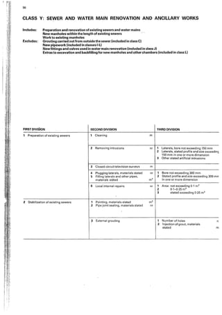 I
:. j
._ I -
i'
. I
.,
;1
;!
l-1
i. l
,; ·,
H ,
"
J:
tj
If
:;
96
CLASS V: SEWER AND WATER MAIN RENOVATION AND ANCILLARY WORKS
Includes: Preparation and renovation of existing sewers and water mains
New manholes within the length of existing sewers
Work to existing manholes
Excludes: Grouting carried out from outside the sewer (included in class Cl
New pipework (included in classes 1-L)
Newfittings and valves used in water main renovation {included in class J)
Extras to excavation and backfilling for new manholes and other chambers (included in class L)
FIRST DIVISION SECOND DIVISION THIRD DIVISION
1 Preparation of existing sewers 1 Cleaning m
2 Removing intrusions nr 1 Laterals, bore not exceeding 150 mm
2 Laterals, stated profile and size exceedin£
150 mm in one or more dimension
3 Other stated artificial intrusions
3 Closed-circuit television surveys m
4 Plugging laterals, materials stated nr 1 Bore not exceeding 300 mm
5 Filling laterals and other pipes, 2 Stated profile and size exceeding 300 mrr
materials stated m3 in one or more dimension
6 Local internal repairs nr 1 Area: not exceeding 0·1 m 2
2 0·1-0·25 m2
3 stated exceeding 0·25 m2
2 Stabilization of existing sewers 1 Pointing, materials stated m2
2 Pipe joint sealing, materials stated nr
'
~ External grouting 1 Number of holes n
2 Injection of grout, materials
stated m
 