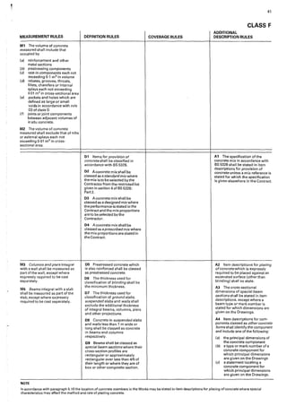 41
CLASS F
ADDITIONAL
MEASUREMENT RULES DEFINITION RULES COVERAGE RULES DESCRIPTION RULES
M1 The volume of concrete
measured shall include that
occupied by
(a) reinforcement and other
meta! sections
(b) prestressing components
(c) cast-in components each not
exceeding 0·1 m3 in volume
(cl) rebates, grooves, throats,
fillets, chamfers or internal
splays each not exceeding
0-01 m 2 in cross-sectional area
(e) pockets and holes which are
defined as large or small
vo·Ids in accordance with rule
03 of class G
(f) joints or joint components
between adjacent volumes of
in situ concrete.
M2 The volume of concrete
measured shalt exclude that of nibs
or external splays each not
exceeding 0-01 m2 in cross-
sectional area.
D1 Items for provision of A1 The specification of the
concrete shall be classified in concrete mix in accordance with
accordance with BS 5328. BS 5328 shall be stated in item
D2 Aconcrete mix sliali"be
descriptions for provision of
concrete unless a mix reference is
classed as a standardmix where stated for which the specification
the mix is to be selected by the is given elsewhere in the Contract.
Contractor from the restricted Iist
given in section 4 of BS 5328:
Part 2.
D3 A concrete mix shall be
classed as a designedmix where
the performance is stated in the
Contract and themlx proportions
are to be selected by the
Contractor.
04 A concrete mix shall be
classed as aprescribedmix where
the mix proportions arestated in
the Contract.
M3 Columns and piers integral D5 Prestressed concrete which A2 Item descriptions for placing
with a wall shall be measured as is also re·1nforced shall be classed ofconcrete which is expressly
part of the wall, except where as prestressed concrete. required to be placed against an
expressly required to be cast 06 The thickness used for excavated surface (other than
separately. classification of blinding shall be blinding) shall so state.
M4 Beams integral with a slab
the minimum thickness. A3 The cross-sectional
shall be measured as part of the 07 The thickness used for dimensions of special beam
slab,except where expressly classification of groundslabs, sections shall be stated in item
required to be cast separately. suspended slabs and walls shal I descriptions, except where a
exclude the additional thickness beam type or mark number is
of integral beams, columns, piers stated for which dimensions are
and other projections. given on the Drawings.
D8 Concrete in suspended slabs A4 Item descriptions for com-
and walls less than l m wide or ponents classed as other concrete
long shall be classed as concrete forms shall identify the component
in beams and columns and include one of the fol lowing:
respectively. (a) the principal dimensions of
D9 Beams shall be classed as the concrete component
special beam sections where their (b) a type or mark number of a
cross-section profiles are concrete component for
rectangular or approximately which principal dimensions
rectangular over less than 4/5 of are given on the Drawings
their length or where they are of (c) a statement locating a
box or other composite section. concrete component for
which principal dimensions
are given on the Drawings.
NOTE
In accordance with paragraph 5. 10 the location of concrete members in the Works may be stated in item descriptions for placing ofconcrete where special
characteristics may affect the method and rate of placing concrete.
 