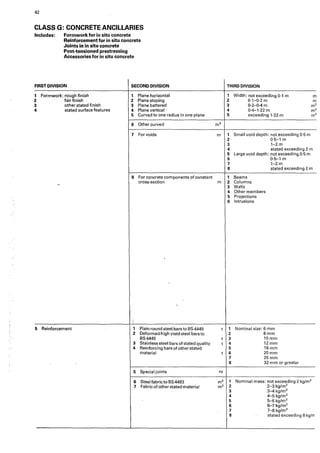 42
CLASS G: CONCRETE ANCILLARIES
Includes: Formwork for in situ concrete
Reinforcement for in situ concrete
Joints in in situ concrete
Post-tensioned prestressing ·
Accessories for in situ concrete
ARST DIVISION SECOND DIVISION
1 Formwork: rough finish 1 Plane horizontal
2 fair finish 2 Plane sloping
3 other stated finish 3 Plane battered
4 stated surface features 4 Plane vertical
5 Curved to one radius in one plane
6 Other curved
7 For voids
8 For concrete components of constant
cross-section
-

,.
5 Reinforcement 1 Plain round steel bars to BS 4449
2 Deformed high yield steel bars to
BS4449
3 Stainless steel bars of stated quality
4 Reinforcing bars of other stated
material
5 Special joints
6 Steel fabric to BS 4483
7 Fabric ofother stated material
THIRD DIVISION
1 Width: not exceeding 0·1 m m
2 0·1-0·2 m m
3 0·2-0•4m m<
4 0·4-1-22 m m2
5 exceeding 1·22 rn m2
m2
nr 1 Small void depth: not exceeding 0·5 m
2 0·5-1 m
3 1-2m
4 stated exceeding 2 m
5 Large void depth: not exceeding 0·5 m
6 0·5-1 m
7 1-2m
8 stated exceeding 2 m
1 Beams
m 2 Columns
3 Walls
4 Other members
5 Projections
6 Intrusions
t 1 Nominal size: 6 mm
2 8mm
t 3 10 mm
t 4 12mm
5 16 mm
t 6 20mm
7 25mm
8 32 mm or greater
nr
m2 1 Nominal mass: not exceeding 2 kg/m2
m2 2 2-3 kg/m2
3 3-4 kg/rn2
4 4-5kg/m2
5 5-6 kg/m2
6 6-7 kg/m2
7 7-8 kg/m2
8 stated exceeding 8 kg/rr
 