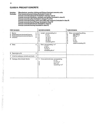 46
CLASS H: PRECAST CONCRETE
Includes:
Excludes:
Manufacture, erection, joining and fixing of precast concrete units
Post-tensioned prestressing !included in class G)
Precast concrete pipework (included in classes Iand J)
Precast concrete manholes, catchpits and gullies (included in class Kl
Precast concrete piles (included in classes P and 0)
Precast concrete paving, kerbs and traffic sign supports (included in class R)
Precast concrete tunnel linings (included in class T)
Precast concrete blockwork (included in class U)
Precast concrete fencing (included in class X)
FIRST DIVISION SECOND DIVISION THIRD DIVISION
1 Beams nr 1 Length: not exceeding 5 m 1 Mass: not exceeding 250 kg
2 Prestressed pre-tensioned beams nr 2 5-7m 2 250-500 kg
3 Prestressed posMensioned beanis nr 3 7-10 m 3 500 kg-1 t
4 Columns nr 4 10-15 m 4 1-2t
5 15-20 m 5 2-5t
6 20-30 m 6 5--10t
7 exceeding 30 m 7 10-20t
8 stated exceeding 20 t
5 Stabs nr 1 Area: not exceeding 1 m2
r· 2 1-4 m2
3 4-15 m2
4 15-50 m2
5 exceeding 5·0 m2
6 Segmental units nr
-
7 Units for subways, culverts and ducts m
8 Copings, sills and weir blocks m 1 Cross-sectional area: not exceeding
0·1 m2
2 0·1-0·5 m2
3 0·5-1 m2
4 exceeding 1 m2
 