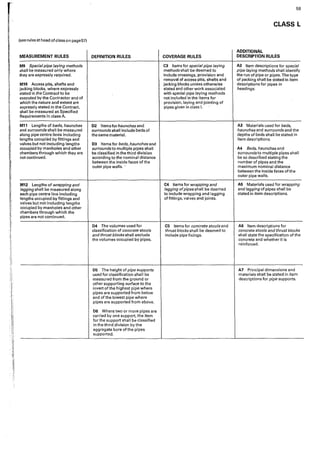 ·... r.·:••·.
l
(see rules at head ofclass on page 571
MEASUREMENT RULES
M9 Special pipe laying methods
shall be measured only where
they are expressly required.
M10 Access pits, shafts and
jacking blocks, where expressly
stated in the Contract to be
executed by the Contractor and of
which the nature and extent are
expressly stated in the Contract,
shall be measured as Specified
Requirements in class A.
M11 lengths of beds, haunches
and surrounds shall be measured
along pipe centre lines including
lengths occupied by fittings and
valves but not including lengths
occupied by manholes and other
chambers through which they are
not continued.
M12 lengths of wrapping and
lagging shall be measured along
each pipe centre line including
lengths occupied by fittings and
valves but not including lengths
occupied by manholes and other
chambers through which the
pipes are not continued.
DEFINITION RULES
D2 Items forhaunches and
surrounds shall include beds of
the same material.
D3 Items for beds, haunches and
surrounds to multiple pipes shall
be classified in.the third division
according to the nominal distance
between the inside faces of the
outer pipe walls.··
D4 The volumes used for
classification of concrete stools
and thrust blacks shall exclude
the volumes occupied by pipes.
D5 The height of pipe supports
used for classification shall be
measured from the ground or
other supporting surface to the
invert of the highest pipe where
pipes are supported from below
and of the lowest pipe where
pipes are supported from above.
D6 Where two or more pipes are
carried by one support, the item
for the support shall be classified
in the third division by the
aggregate bore of the pipes
supported.
COVERAGE RULES
C3 Items for special pipe laying
methods shall be deemed to
include crossings, provision and
removal of access pits, shafts and
jacking blocks unless otherwise
stated and other work associated
with special pipe laying methods
not included in the items for
provision, laying and jointing of
pipes given in class l.
C4 Items for wrapping and
lagging ofpipes shall be deemed
to include wrapping and lagging
of fittings, valves and joints.
C5 Items for concrete stools and
thrust blocks shall be deemed to
include pipe fixings.
59
CLASS L
ADDITIONAL
DESCRIPTION RULES
AZ Item descriptions for special
pipe laying methods shall identify
the run of pipe or pipes. The type
of packing shall be stated in item
descriptions for pipes in
headings.
A3 Materials used for beds,
haunches and surrounds and the
depths of beds shall be stated in
'item descr'iptions.
A4 Beds, haunches and
surrounds to multiple pipes shall
be so described stating the
number of pipes and the
maximum nominal distance
between the inside faces of the
outer pipe walls.
A5 Materials used for wrapping
and lagging of pipes shall be
stated in item descriptions,
AG Item descriptions for
concrete stools and thrust blocks
shall state the specification of the
concrete and whether it is
reinforced.
A7 Principal dimensions and
materials shall be stated in item
descriptions for pipe supports.
 
