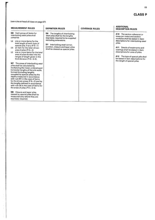 (see rules at head of class on page 67)
MEASUREMENT RULES
M6 Each group of items for
interlocking steel piles shall
comprise
(a) one or more items for the
total length of e11ch type of
special pile, if any (P 8 * 1)
lb) an item for the total driven
area of piles (P 8 * 2)
{c} one or more items for the total
area ofpiles divided into the
ranges of length given in the
third division [P 8 * 3-5).
M7 The areas of interlocking steel
piles shall be calculated by
multiplying the mean undeveloped
horizontal lengths of the pile walls
formed (including lengths
occupied by special piles) by the
depths measured in accordance
with rule Ml in the case of items
for the driven areas (P 8 * 2) and by
the lengths defined in accordance
with rule D6 in the case of items for
the areas of piles [P 8 * 3-5).
MS Closure and taper piles
classed as special piles shall be
measured only where they are
expressly required.
DEFINITION RULES
D6 The lengths of interlocking
steel piles shall be the lengths
expressly required to be supplied
excluding extensions.
07 Interlocking steel corner,
junction, closure and taper piles
shall be classed as special piles.
COVERAGE RULES
69
CLASS P
ADDITIONAL
DESCRIPTION RULES
A10 The section reference or
mass per metre and section
modulus shall be stated in item
descriptions for interlocking steel
piles.
A11 Details of treatments and
coatings shall be stated in item
descriptions for area ofpiles.
A12 The type of special pile shall
be stated in item desc"riptions for
the length ofspecial piles.
 