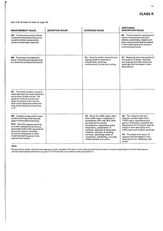 77
CLASS R
(see rules at head of class on page 75)
ADDITIONAL
MEASUREMENT RULES DEFINITION RULES COVERAGE RULES DESCRIPTION RULES
M7 Construction joints sha11 be AG The dimensions, spacing and
measured only where they are at nature of sealed grooves and
locations where construction rebates, waterstops, dowels and
joints are expressly required. other components shall be stated
in item descriptions for joints in
concrete pavements.
MS Excavation and filling for C3 Items for kerbs, channels and A7 Materials and cross-sectional
kerbs, channels and edgings shall edgings shall be deemed to dimensions of kerbs, channels
be classed as earthworks (class E). include beds, backings, and edgings and their beds and
reinforcement, joints and cutting. backings shall be stated in item
descriptions.
M1 The width of each course of
materials shall be measured at the
top surface of that course. The
areas of manhole covers and
other intrusions into a course
shall not be deducted where the
area of the intrusion is less than
1 m2•
M9 Lengths measured for linear C4 Items for traffic signs other AB The material, size and
surface markings shall exclude than traffic s1gns measured in diagram number taken from
gaps in intermittent markings. accordance with rule M10 shall Traffic signs, regulations and
M10 Items for support gantries
be deemed to include generi--1 directions, issued by the
foundations, supporting posts, Department of Transport, shall be
and other substantial structures excavation, preparation of stated in item descriptions for
associated with traffic signs which
surfaces, disposal of excavated traffic signs and surface markings.
are constructed in concrete, material, removal of existing
structural metalwork or other
materials shall be given in the
services, upholding sides of A9 The shape and colour of
appropriate classes.
excavation, backfilling, concrete, aspects shall be stated in item
reinforcement and joints. descriptions for reflecting road
studs.
-
NOTE
Earthworks for kerbs, channels and edgings may be included in the items in this class provided that the work included is identified in the item descriptions
ar.d that appropriate statements are given in the Preamble in accordance with paragraph 5.4.
 