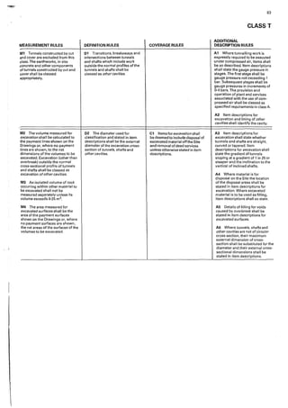 """""''"
MEASUREMENT RULES
M1 Tunnels constructed by cut
and cover are excluded from this
class. The earthworks, in situ
concrete and other components
of tunnels constructed by cut and
cover shall be classed
appropriate!y.
M2 The volume measured for
excavation shall be calculated to
the payment lines shown on the
Drawings or, where no payment
lines are shown, to the net
dimensions of the volumes to be
excavated. Excavation (other than
overbreakl outside the normal
cross-sectional profile of tunnels
and shafts shall be classed as
excavation of other cavities.
M3 An isolated volume of rock
occurring within other material to
be excavated shall not be
measured separately unless its
volume exceeds 0-25 m3,
M4 The area measured for
excavated surfaces shall be the
area of the payment surfaces
shown on the Drawings or, where
no payment surfaces are shown,
the net areas of the surfaces ofthe
volumes to be excavated.
DEFINITION RULES
D1 Transitions, breakaways and
intersections between tunnels
and shafts which include work
outside the normaI profiles of the
tunnels and shafts shall be
classed as other cavities.
02 The diameter used for
classification and stated in item
descriptions shall be the external
diameter of the excavation cross•
section of tunnels, shafts and
other cavities.
COVERAGE RULES
C1 Items for excavation shaii
be deemed to include disposal of
excavated material offthe Site
and removal of dead services
unless otherwise stated in item
descriptions.
83
CLASS T
ADDITIONAL
DESCRIPTION RULES
A1 Wheretunnellingworkis
expressly required to be executed
under compressed air, items shall
be so described. Item descriptions
shall state the gauge pressure in
stages. The first stage shaII be
gauge pressure not exceeding 1
bar. Subsequent stages shall be
gauge pressures in increments of
0-4 bars. The provision and
operation of plant and services
associated with the use of com-
pressed air shall be classed as
specified requirements in class A.
A2 Item descriptions for
excavation and lining of other
cavities shaH identify the cavity.
A3 Item descriptions for
excavation shall state whether
tunnels and shafts are straight,
curved or tapered. Item
descriptions for excavation shall
state the gradient of tunnels
sloping at agradient of 1 in 25 or
steeper and the inclination to the
vertical of inclined shafts.
A4 Where material is for
disposal on the Site the location
of the disposal areas shall be
stated in item descriptions for
excavation. Where excavated
material is to be used as filling,
item descriptions shall so state.
A5 Details of filling for voids
caused by overbreak shall be
stated in item descriptions for
excavated surfaces.
A6 Where tunnels, shafts and
other cavities are not of circular
cross-section, their maximum
external dimension of cross-
section shall be substituted for the
diameter and their external cross-
sectional dimensions shall be
stated in item descriptions.
 