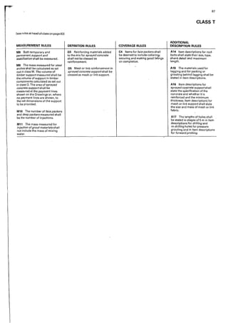 [see rules at head of class on page 83)
MEASUREMENT RULES
MB Both temporary and
permanent support and
stabilization shall be measured.
M9 The mass measured for steel
arches shall be calculated as set
out 'rn class M. The volume of
timber support measured shall be
the volume of support in timber
components calculated as set out
in class 0. The area of sprayed
concrete support shall be
measured at the payment lines
shown on the Drawings or, where
no payment lines are shown, to
the net dimensions of the support
to be provided.
M10 The number of face packers
and deep packers measured shall
be the number of injections.
M11 The mass measured for
injection ofgrout materials shall
not include the mass of mixing
water.
DEFINITION RULES
03 Reinforcing materials added
to the mix for sprayed concrete
shall not be classed as
reinforcement.
D5 Mesh or link reinforcement in
sprayed concrete support shall be
classed as mesh or link support.
COVERAGE RULES
C4 Items for face packers shall
be deemed to include collarins,:·
securing and making good lirilngs
on completion.
87
CLASS T
ADDITIONAL
DESCRIPTION RULES
A14 Item descriptions for rock
bolts shall state their size, type,
shank detail and maximum
length.
A15" The materials used for
lagg·ing and for packing or
grouting behind lagging shall be
stated in item descriptions.
A16 Item descriptions for
sprayed COl)Crete support shall
state the specification of the
concrete and whether it is
reinforced and the minimum
thickness. Item descriptions for
mesh or link supportshall state
the size and mass of mesh or link
fabric.
A17 The lengths of holes shall
be stated in stages of 5 m in itern
descriptions for drilling and
re-drilling holes for pressure
grouting and in item descriptions
for forward probing.
 