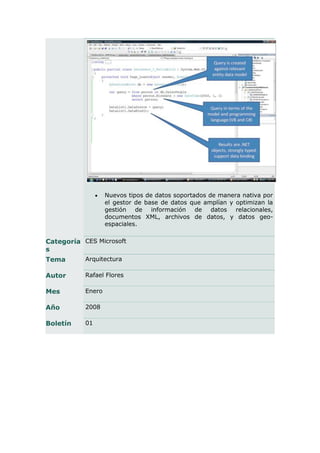    Nuevos tipos de datos soportados de manera nativa por
                    el gestor de base de datos que amplían y optimizan la
                    gestión de información de datos relacionales,
                    documentos XML, archivos de datos, y datos geo-
                    espaciales.

Categoría CES Microsoft
s
Tema       Arquitectura

Autor      Rafael Flores

Mes        Enero

Año        2008

Boletín    01
 