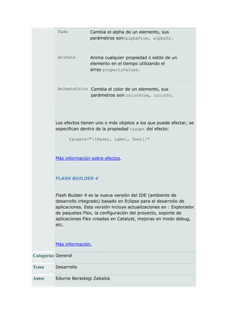 Fade           Cambia el alpha de un elemento, sus
                          parámetros son:alphaFrom, alphaTo.



           Animate        Anima cualquier propiedad o estilo de un
                          elemento en el tiempo utilizando el
                          array propertyValues.



           AnimateColor Cambia el color de un elemento, sus
                        parámetros son:colorFrom, colorTo.




          Los efectos tienen uno o más objetos a los que puede afectar, se
          especifican dentro de la propiedad target del efecto:

                  targets="{[Panel, Label, Text]}"



          Más información sobre efectos.



          FLASH BUILDER 4


          Flash Builder 4 es la nueva versión del IDE (ambiente de
          desarrollo integrado) basado en Eclipse para el desarrollo de
          aplicaciones. Esta versión incluye actualizaciones en : Explorador
          de paquetes Flex, la configuración del proyecto, soporte de
          aplicaciones Flex creadas en Catalyst, mejoras en modo debug,
          etc.



          Más información.

Categorías General

Tema      Desarrollo

Autor     Edurne Berastegi Zabalza
 