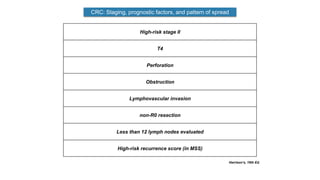 CRC: Staging, prognostic factors, and pattern of spread
Harrison’s, 19th Ed.
High-risk stage II
T4
Perforation
Obstruction
Lymphovascular invasion
non-R0 resection
Less than 12 lymph nodes evaluated
High-risk recurrence score (in MSS)
 