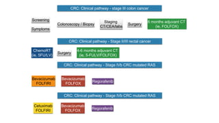 CRC: Clinical pathway - stage III colon cancer
Screening
Symptoms
Colonoscopy / Biopsy
Staging
CT/CEA/labs
Surgery
6 months adjuvant CT
(ie, FOLFOX)
CRC: Clinical pathway - Stage II/III rectal cancer
Surgery
4-6 months adjuvant CT
(ie, 5-FULV/FOLFOX)
ChemoRT
(ie, 5FU/LV)
CRC: Clinical pathway - Stage IVb CRC mutated RAS
Bevacizumab
FOLFIRI
Bevacizumab
FOLFOX
Regorafenib
CRC: Clinical pathway - Stage IVb CRC mutated RAS
Cetuximab
FOLFIRI
Bevacizumab
FOLFOX
Regorafenib
 