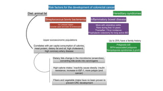 Risk factors for the development of colorectal cancer
Diet: animal fat Hereditary syndromes
Inflammatory bowel diseaseStreptococcus bovis bacteremia
Upper socioeconomic populations
Correlates with per capita consumption of calories,
meat protein, dietary fat and oil, high cholesterol,
high coronary artery disease
Dietary fats change in the microbiome (anaerobes),
converting bile-acids into carcinogens
High-calorie intake / inactivity cause obesity: insulin
resistance, increase in IGF-1, more polyps (and
cancer)
Fibers and vegetable intake have no been proven to
prevent CRC development
Up to 25% have a family history
Polyposis coli
MYH-associated polyposis
Nonpolyposis syndromes (Lynch)
More with ulcerative colitis
Rare during first 10 years
Thereafter: 1%/yr incidence
Prophylactic colectomy for long active IBD
For unknown reason
Consider upper and lower GI endoscopies
 