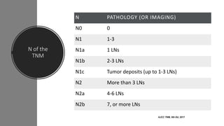 N of the
TNM
N PATHOLOGY (OR IMAGING)
N0 0
N1 1-3
N1a 1 LNs
N1b 2-3 LNs
N1c Tumor deposits (up to 1-3 LNs)
N2 More than 3 LNs
N2a 4-6 LNs
N2b 7, or more LNs
AJCC TNM, 8th Ed, 2017
 