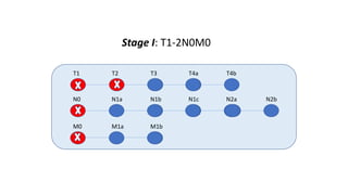 T1 T2 T3 T4a T4b
N0 N1a N1b N1c N2a N2b
M0 M1a M1b
Stage I: T1-2N0M0
 