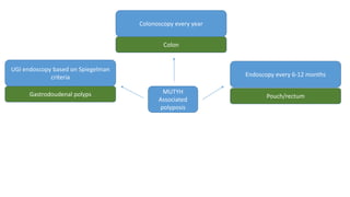 MUTYH
Associated
polyposis
Colonoscopy every year
Colon
UGI endoscopy based on Spiegelman
criteria
Gastrodoudenal polyps
Endoscopy every 6-12 months
Pouch/rectum
 