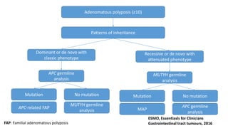 Adenomatous polyposis (≥10)
Patterns of inheritance
Dominant or de novo with
classic phenotype
Mutation
APC germline
analysis
APC-related FAP
ESMO, Essentiasls for Clinicians
Gastrointestinal tract tumours, 2016FAP: Familial adenomatous polyposis
No mutation
MUTYH germline
analysis
Recessive or de novo with
attenuated phenotype
Mutation
MUTYH germline
analysis
MAP
No mutation
APC germline
analysis
 