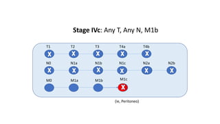 T1 T2 T3 T4a T4b
N0 N1a N1b N1c N2a N2b
M0 M1a M1b
Stage IVc: Any T, Any N, M1b
M1c
(ie, Peritoneo)
 