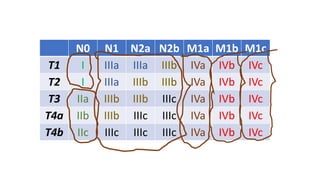 N0 N1 N2a N2b M1a M1b M1c
T1 I IIIa IIIa IIIb IVa IVb IVc
T2 I IIIa IIIb IIIb IVa IVb IVc
T3 IIa IIIb IIIb IIIc IVa IVb IVc
T4a IIb IIIb IIIc IIIc IVa IVb IVc
T4b IIc IIIc IIIc IIIc IVa IVb IVc
 