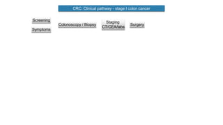 CRC: Clinical pathway - stage I colon cancer
Screening
Symptoms
Colonoscopy / Biopsy
Staging
CT/CEA/labs
Surgery
 